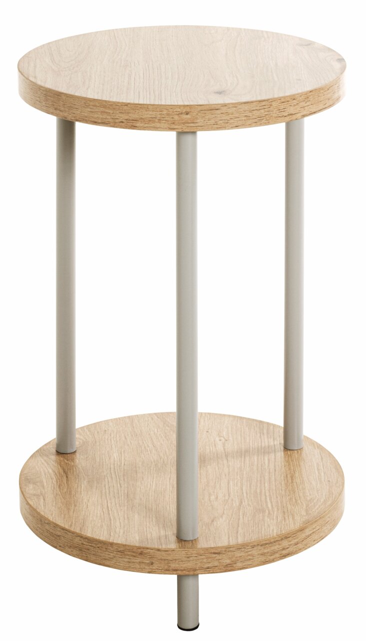 Runder Beistelltisch mit zwei Holzplatten und vier Metallbeinen, seitliche Perspektive
