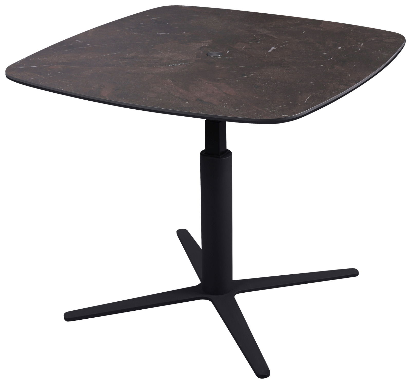 Moderner Couchtisch mit quadratischer, dunkler Tischplatte und schwarzem, zentralem Standfuß aus Metall, seitliche Perspektive