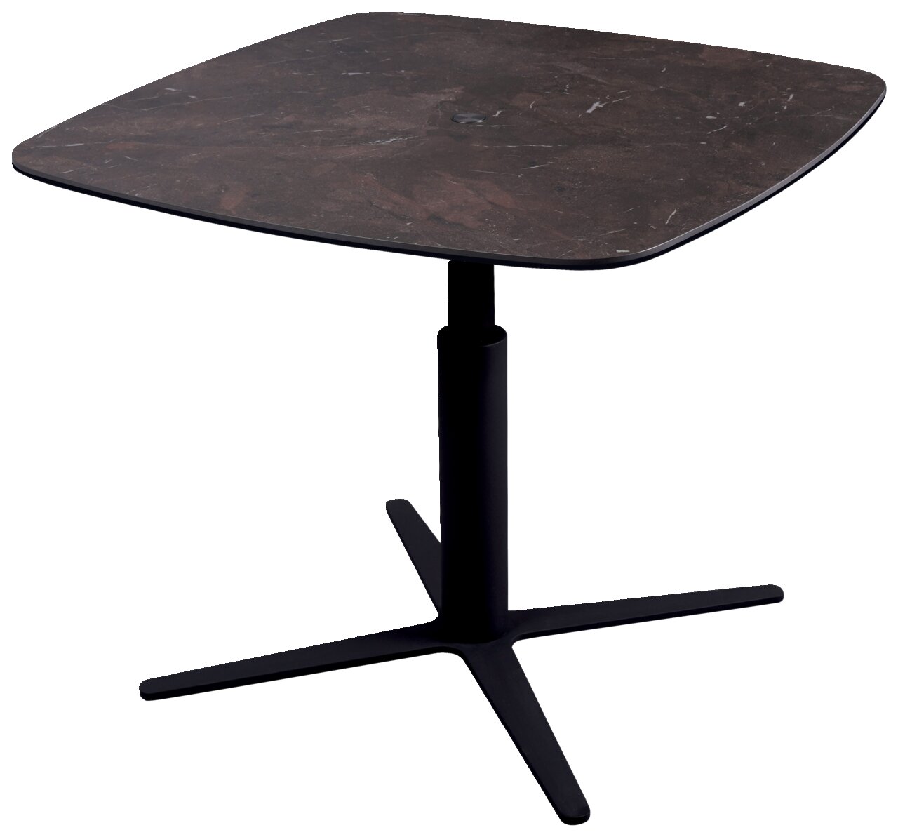 Moderner Couchtisch mit quadratischer, dunkler Tischplatte und schwarzem, zentralem Standfuß aus Metall, seitliche Perspektive