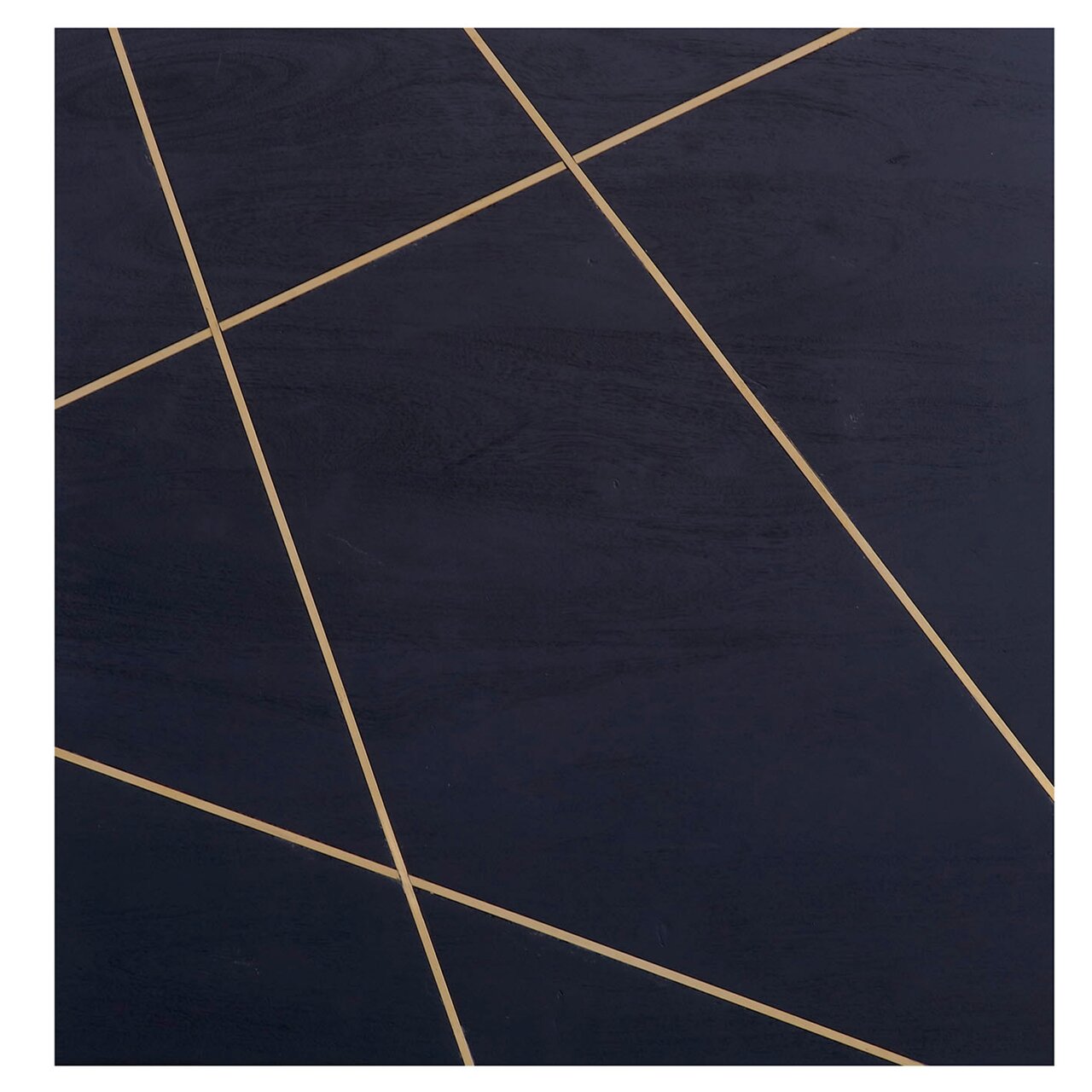 Nahaufnahme der Tischplatte eines Beistelltisches mit schwarzer Oberfläche und goldenen diagonalen Linien.