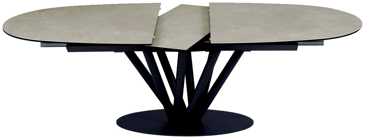 Moderne eettafel met een ovaal, uitschuifbaar tafelblad en een zwart, sculpturaal onderstel, gezien vanaf de zijkant.