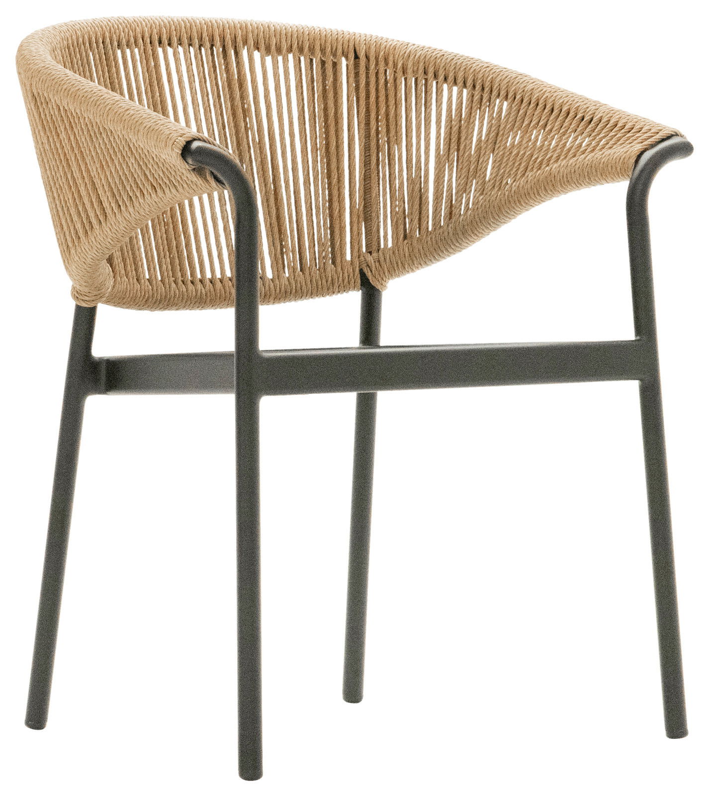 Moderner Gartensessel mit geflochtener Sitzfläche und schwarzem Metallrahmen, seitliche Perspektive