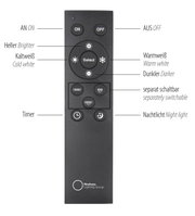 Fernbedienung für LED-Bogenleuchte mit verschiedenen Einstellungen für Helligkeit, Farbtemperatur und Timer, Vorderansicht