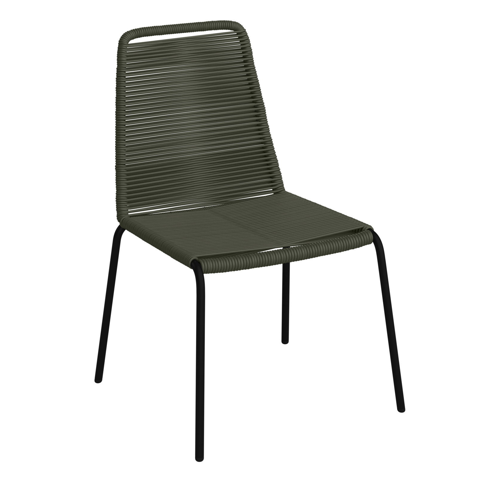 Moderner Stapelstuhl mit grünem Geflecht und schwarzem Metallgestell, seitliche Perspektive