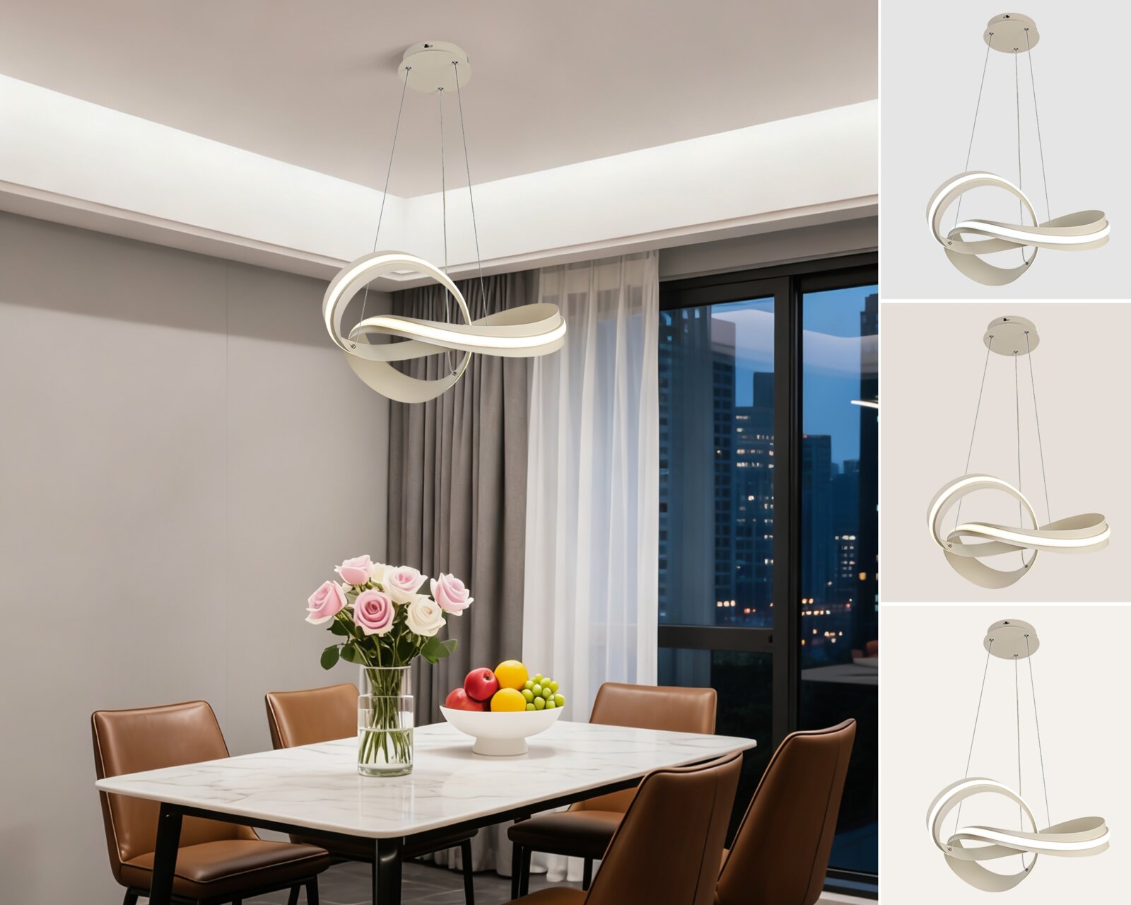 Moderne led-hanglamp met een gebogen vorm, gezien van onderaf, boven een eettafel met bloemen en een fruitschaal.