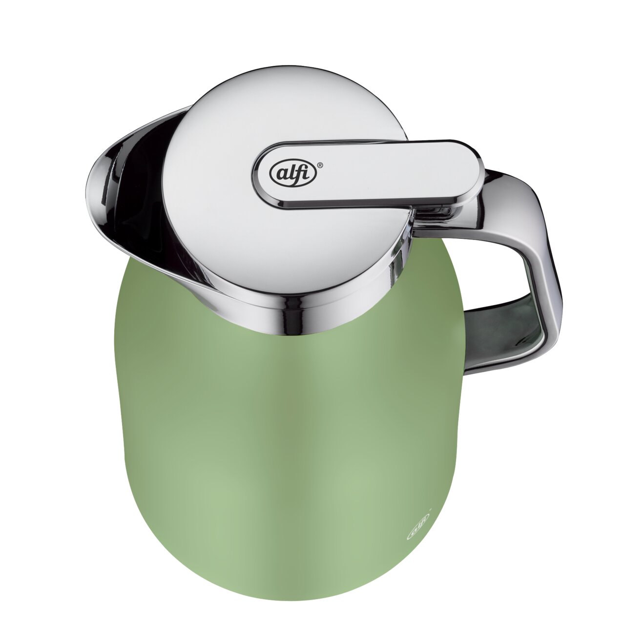 Grüne Isolierkanne mit silbernem Deckel und Griff, Ansicht von oben