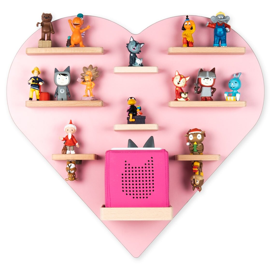 VCM Boarti Tonieregal - HERZ Herzförmiges, rosafarbenes Wandregal mit mehreren kleinen Holzablagen und bunten Spielfiguren; unten mittig steht ein pinker Lautsprecher mit Katzenmotiv, frontal aus der Vorderansicht fotografiert.