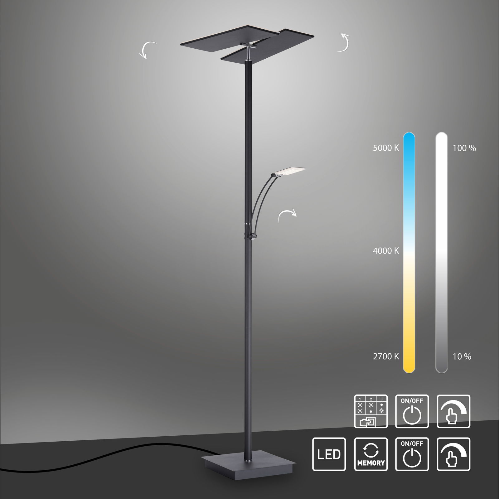 LED-Stehleuchte mit modernem Design, dimmbar und einstellbarer Farbtemperatur von 2700K bis 5000K, seitliche Perspektive