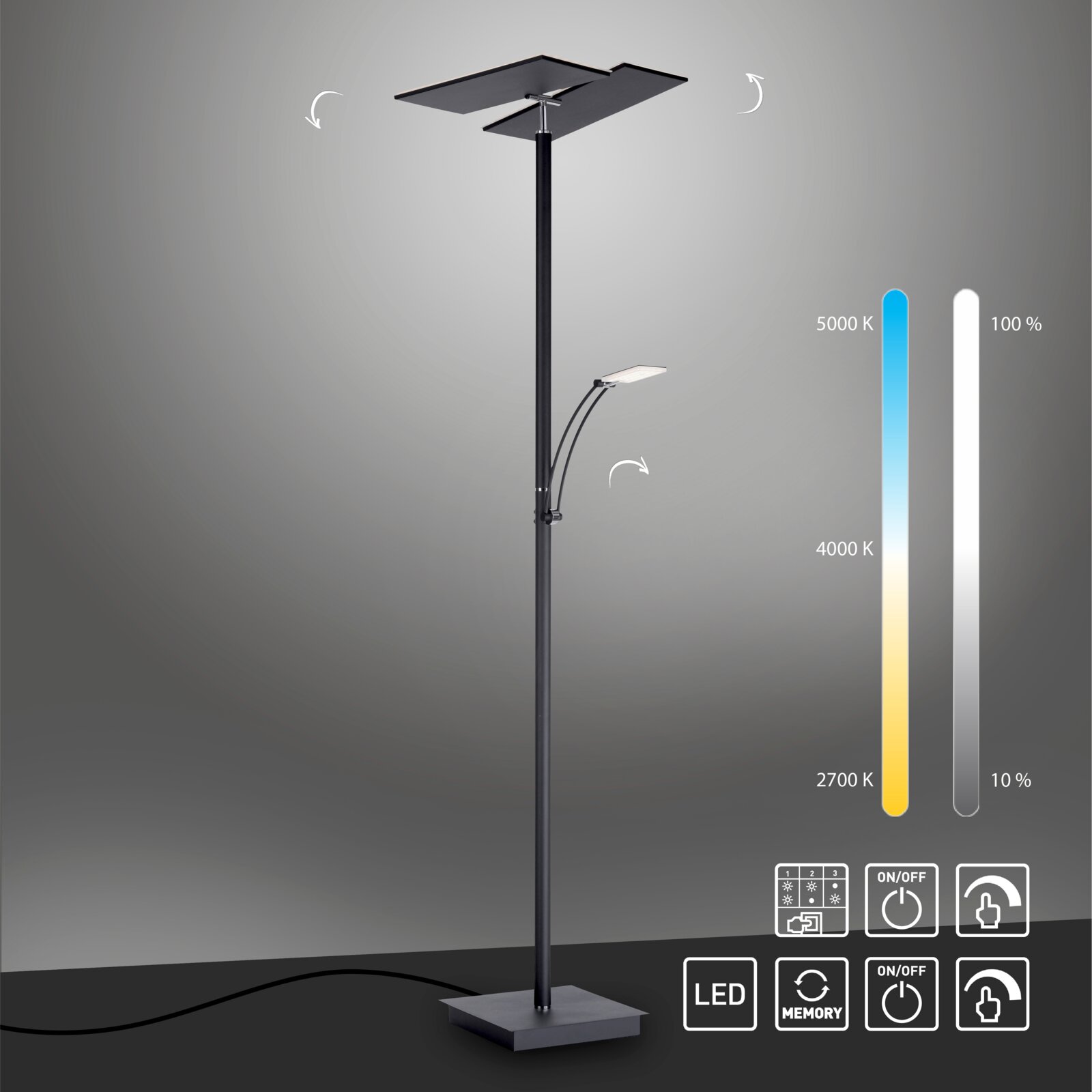 LED-Stehleuchte mit modernem Design, dimmbar und einstellbarer Farbtemperatur von 2700K bis 5000K, seitliche Perspektive