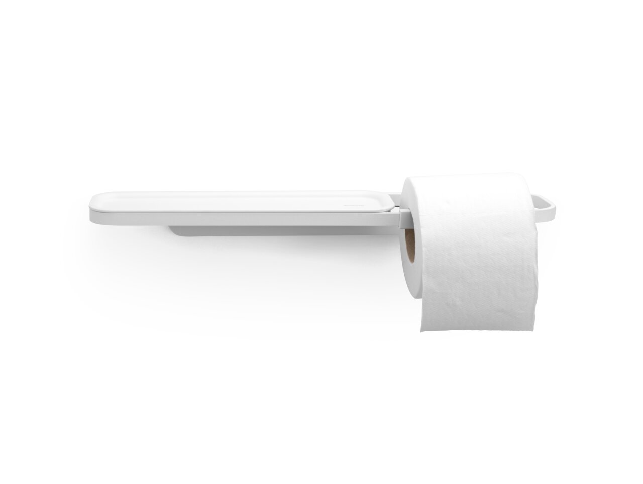 Moderner Toilettenpapierhalter mit Ablage, seitliche Perspektive