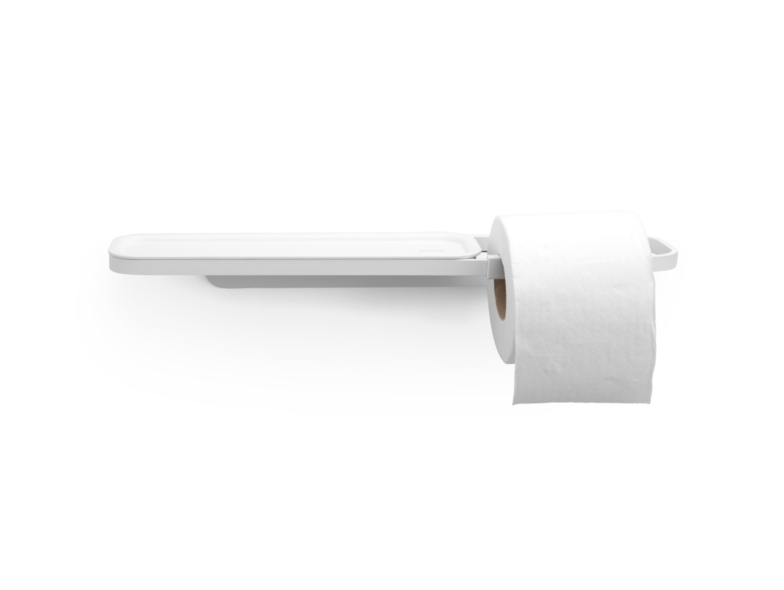 Moderner Toilettenpapierhalter mit Ablage, seitliche Perspektive