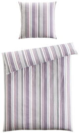 Bettwäsche-Set mit Streifenmuster in Lila- und Grautönen, bestehend aus einem Kissenbezug und einem Bettdeckenbezug, aus der Vogelperspektive fotografiert.