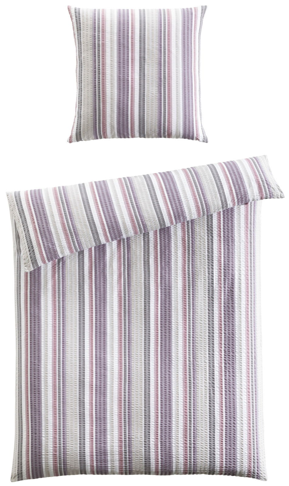 Bettwäsche-Set mit Streifenmuster in Lila- und Grautönen, bestehend aus einem Kissenbezug und einem Bettdeckenbezug, aus der Vogelperspektive fotografiert.