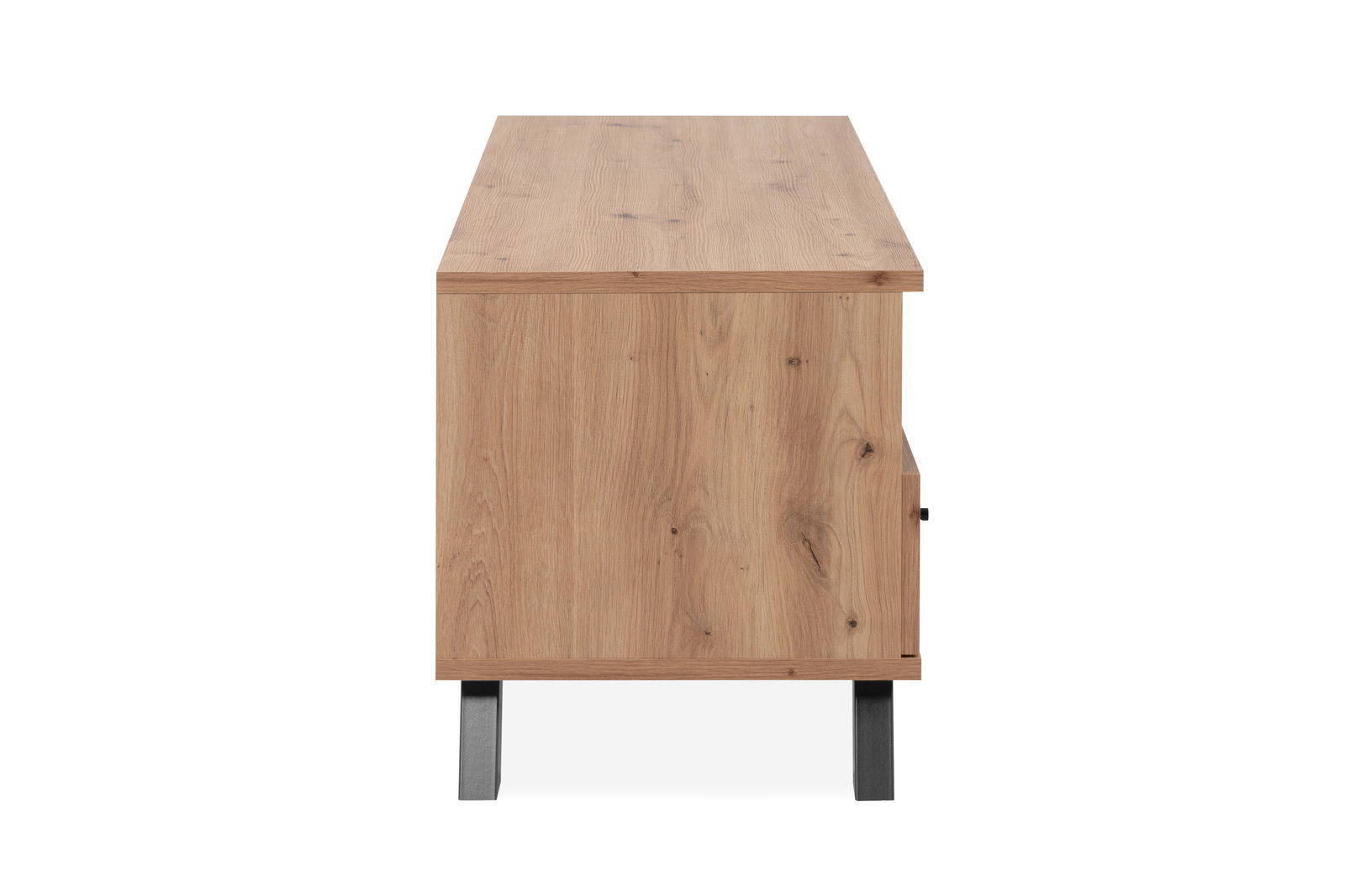 Seitenansicht eines TV-Lowboards aus Holz mit schwarzen Metallbeinen.