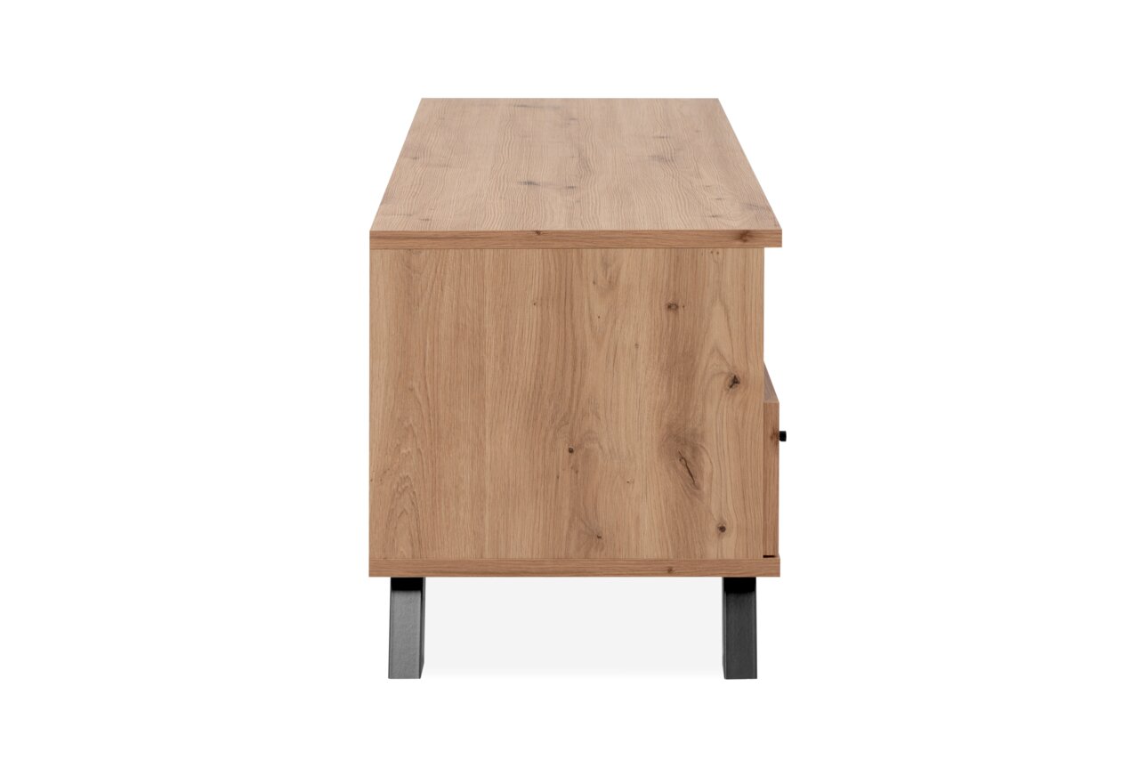 Seitenansicht eines TV-Lowboards aus Holz mit schwarzen Metallbeinen.