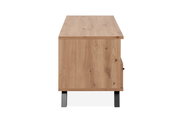 Seitenansicht eines TV-Lowboards aus Holz mit schwarzen Metallbeinen.