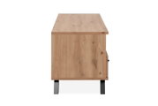 Seitenansicht eines TV-Lowboards aus Holz mit schwarzen Metallbeinen.