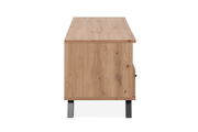 Seitenansicht eines TV-Lowboards aus Holz mit schwarzen Metallbeinen.