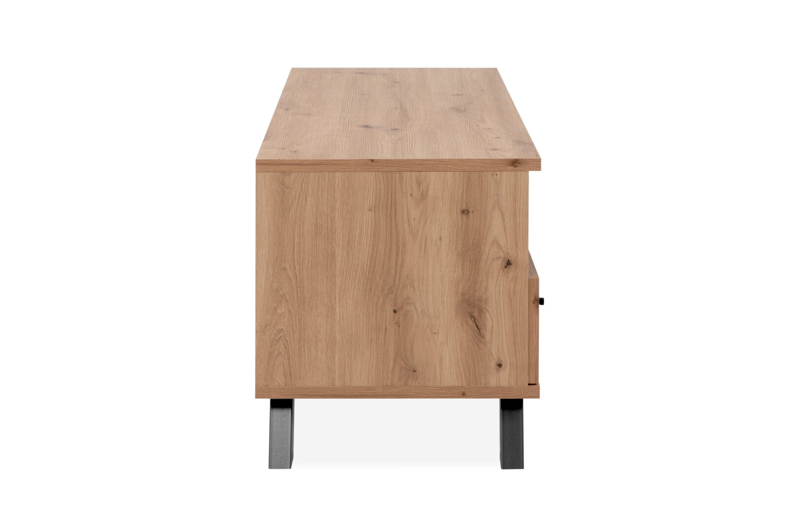 Zijaanzicht van een houten tv-kast met zwarte metalen poten.