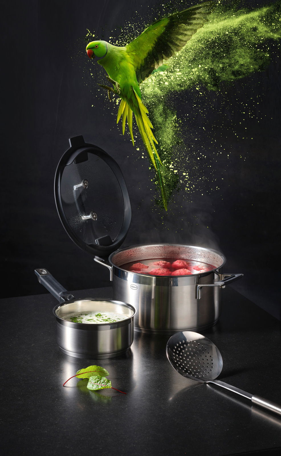 Topfset SILENCE PRO aus Edelstahl mit dampfendem Topf und fliegendem grünem Papagei, seitliche Perspektive