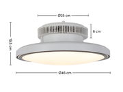 Moderner Deckenventilator mit integriertem Licht, seitliche Perspektive, Durchmesser 46 cm, Höhe 19,5 cm.