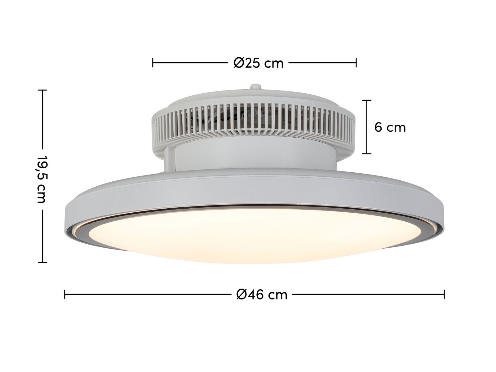 Moderner Deckenventilator mit integriertem Licht, seitliche Perspektive, Durchmesser 46 cm, Höhe 19,5 cm.