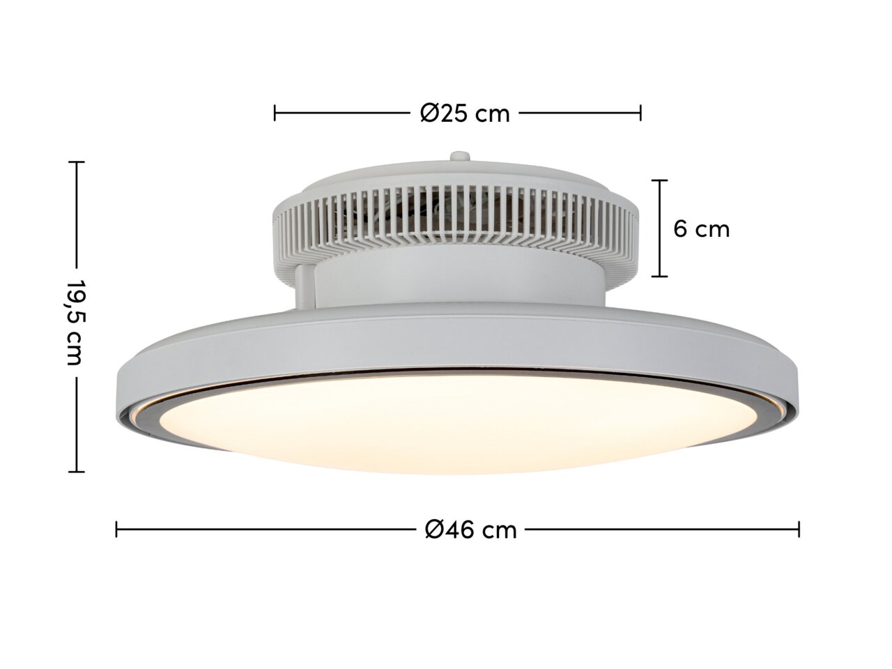Moderne plafondventilator met ingebouwde verlichting, zijaanzicht, diameter 46 cm, hoogte 19,5 cm.