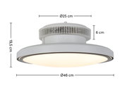 Moderne plafondventilator met ingebouwde verlichting, zijaanzicht, diameter 46 cm, hoogte 19,5 cm.