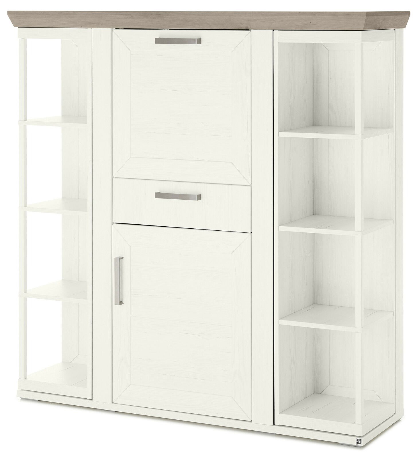 Weißes Highboard mit Karussell, zwei Türen und offenen Regalfächern, Frontalansicht