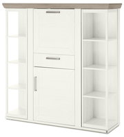 Weißes Highboard mit Karussell, zwei Türen und offenen Regalfächern, Frontalansicht