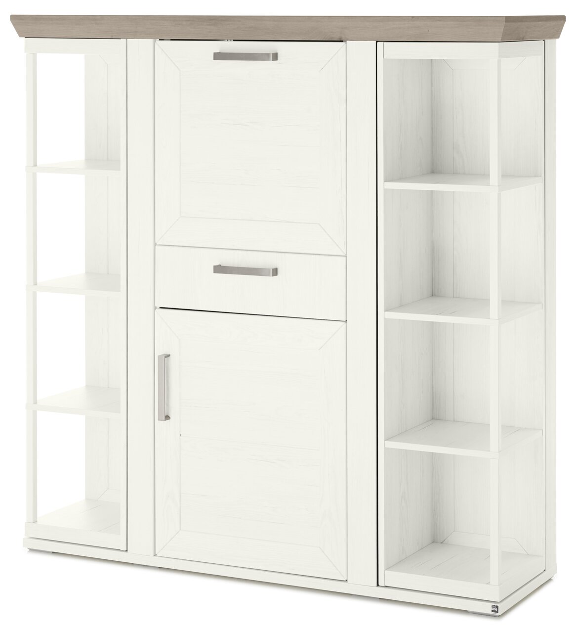 Weißes Highboard mit Karussell, zwei Türen und offenen Regalfächern, Frontalansicht