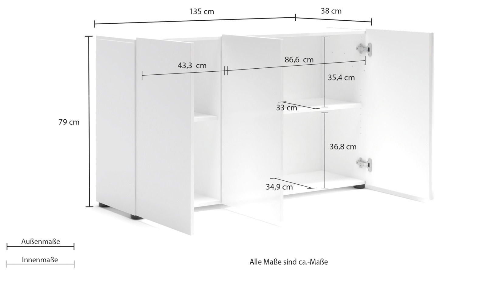 Weiße Kommode mit zwei offenen Türen, zeigt Innenfächer und Maße aus der Perspektive von vorne rechts.