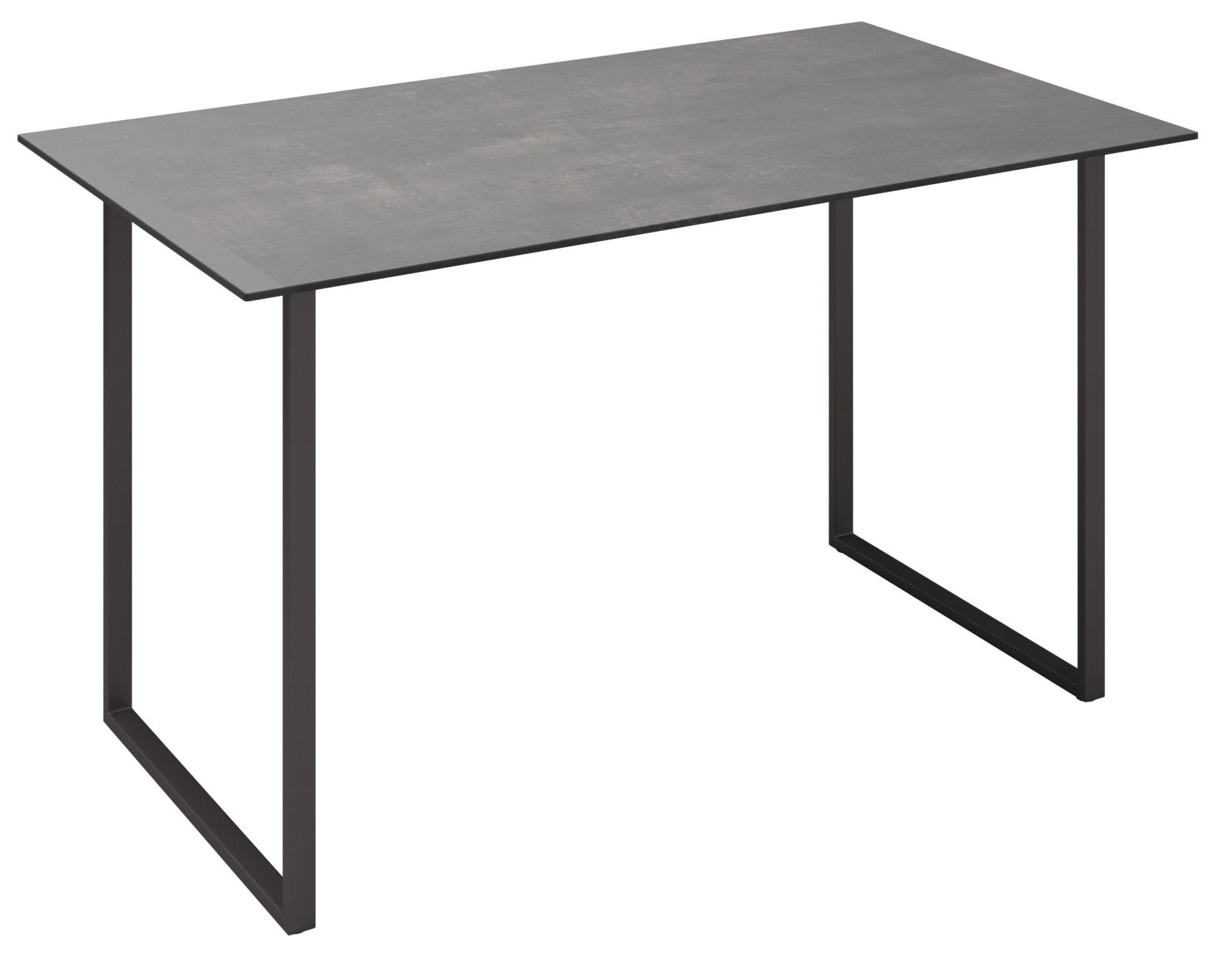 Moderner Loungetisch mit rechteckiger Betonplatte und schwarzem Metallgestell, seitliche Perspektive