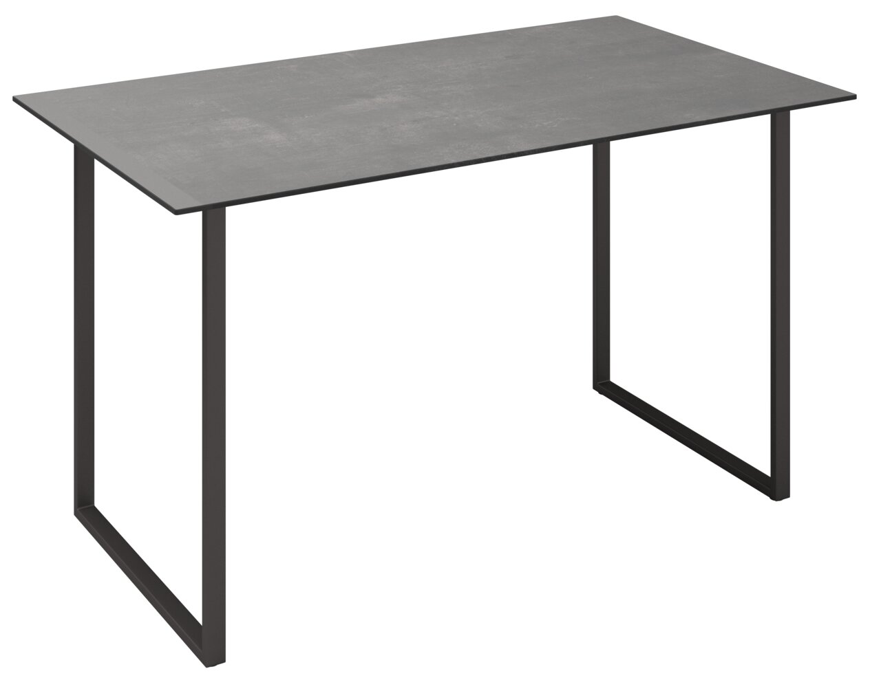 Moderner Loungetisch mit rechteckiger Betonplatte und schwarzem Metallgestell, seitliche Perspektive