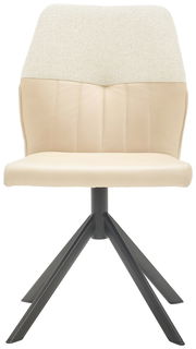 Moderner Stuhl mit beigem Sitz und Rückenlehne, schwarzem Metallgestell, Frontalansicht