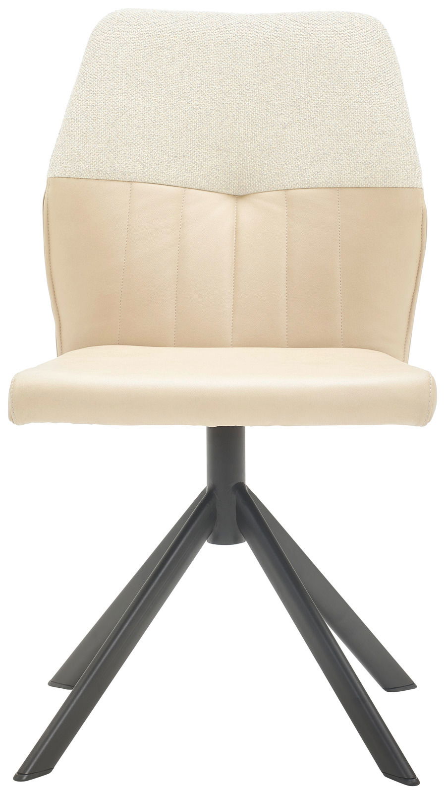 Moderner Stuhl mit beigem Sitz und Rückenlehne, schwarzem Metallgestell, Frontalansicht