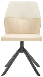 Moderner Stuhl mit beigem Sitz und Rückenlehne, schwarzem Metallgestell, Frontalansicht