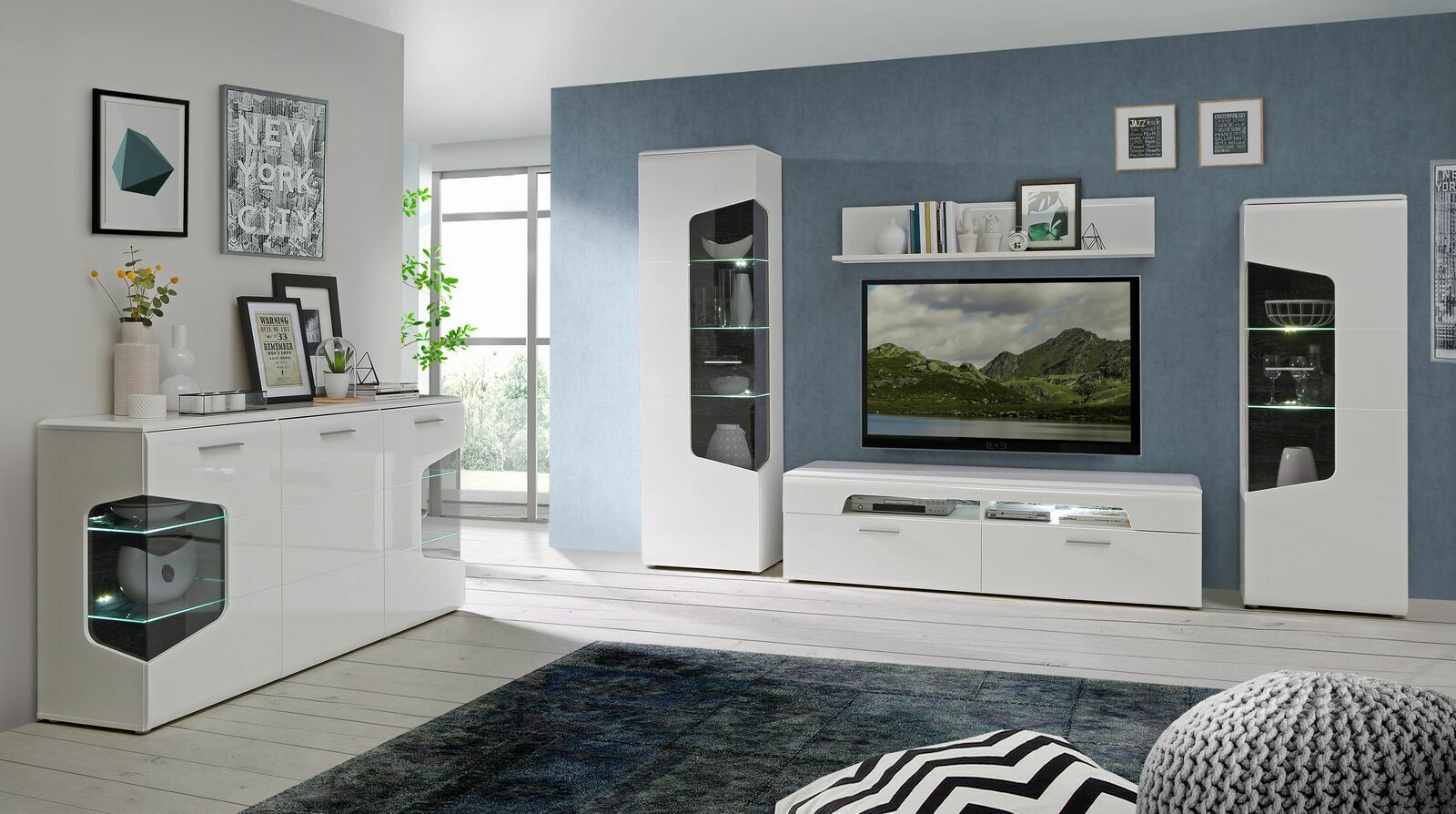 Hom´in Sideboard Corel Moderne Wohnzimmermöbel in Weiß mit Vitrinen, Sideboard und TV-Lowboard, seitliche Perspektive