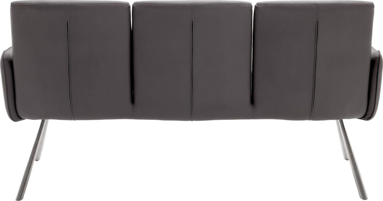 Achteraanzicht van een moderne driezitsbank met donkergrijze bekleding, drie verticaal gestikte rugpanelen en slanke metalen poten