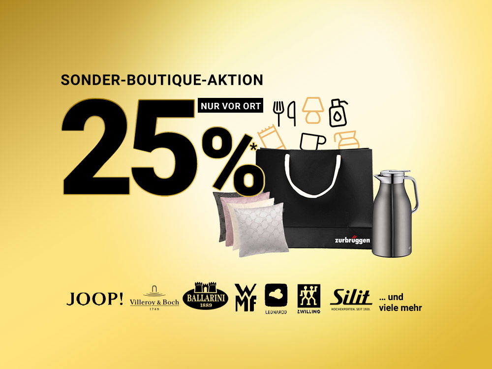 Schwarze Einkaufstasche mit Kissen, Thermokanne und Markenlogos vor gelbem Hintergrund