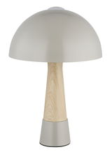 Moderne Tischleuchte mit halbrundem, grauem Schirm und Holzfuß, frontal betrachtet.