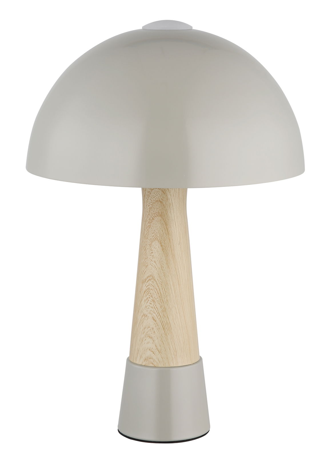 Moderne Tischleuchte mit halbrundem, grauem Schirm und Holzfuß, frontal betrachtet.