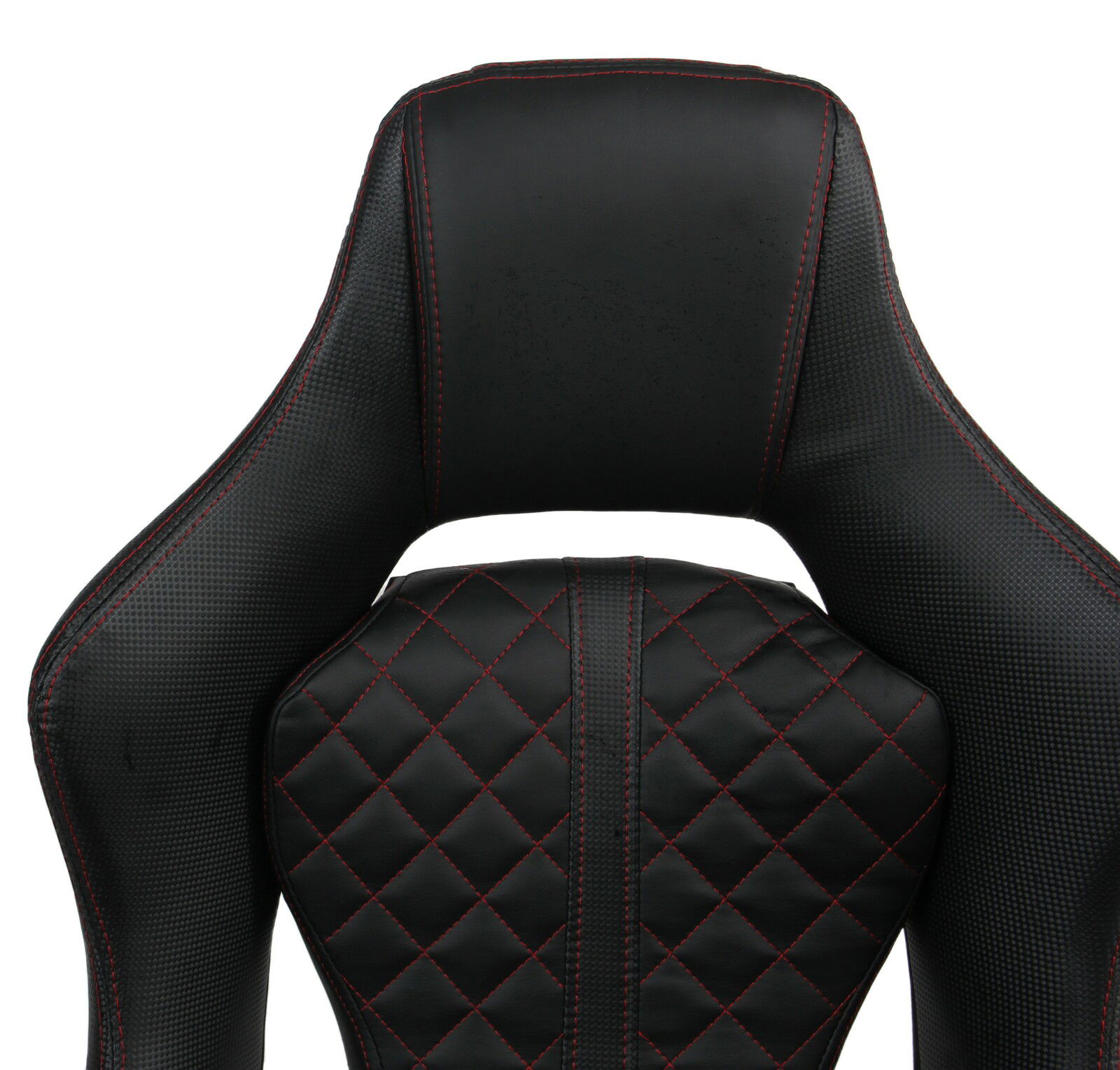 Rückansicht eines Gaming Stuhls mit schwarzem Leder und roten Nähten