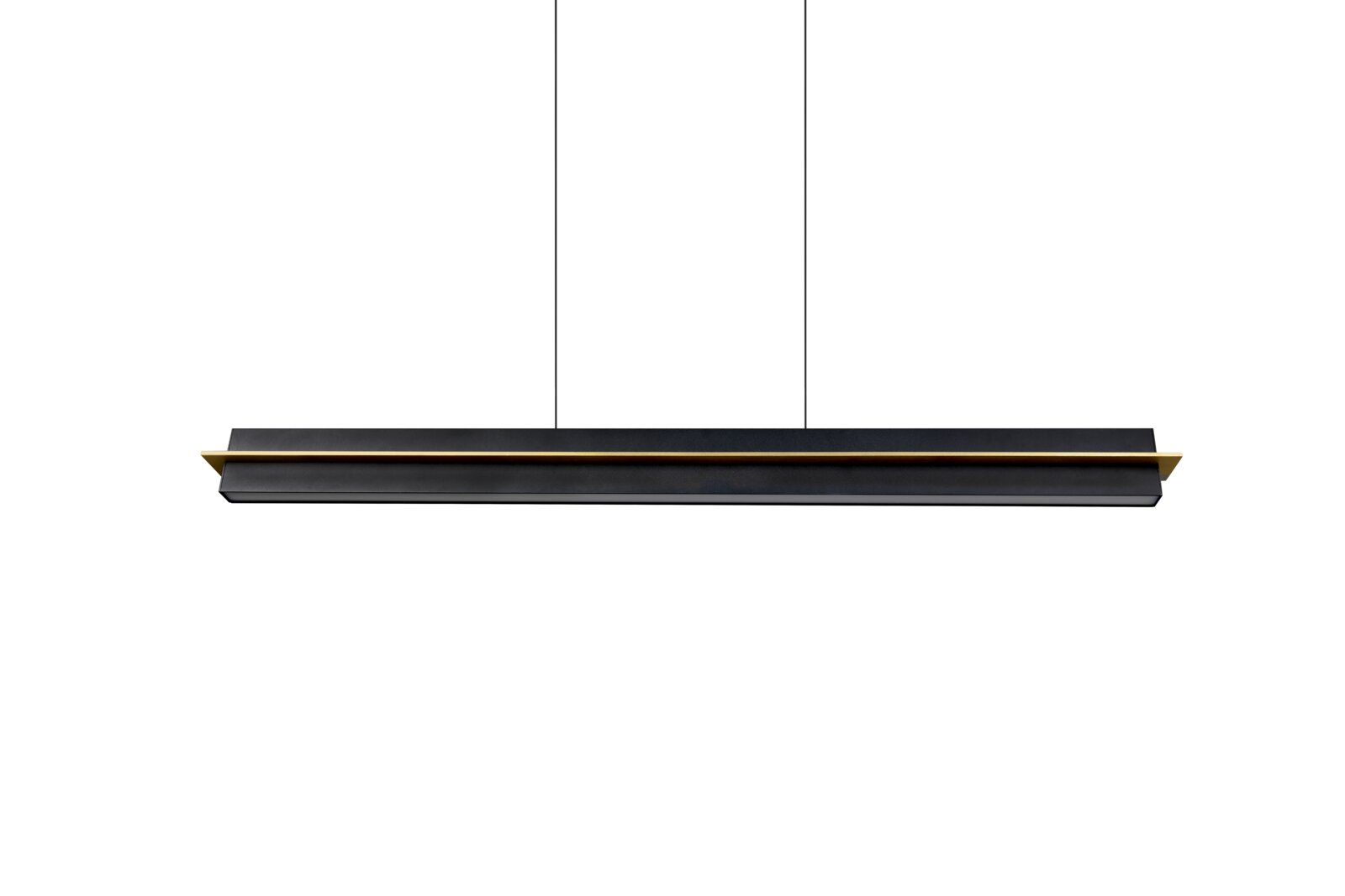 Moderne LED-Hängeleuchte in Schwarz und Gold, seitliche Perspektive