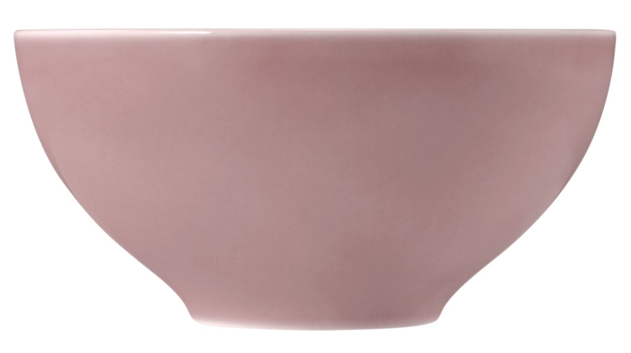Runde, rosafarbene Schüssel mit glatter Oberfläche, seitliche Perspektive
