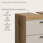 Detailansicht einer Kommode mit melaminharzbeschichteter Holzoptik-Oberfläche, weißer Front und schwarzem Griff; Perspektive: schräg von vorne links mit Fokus auf die obere Kante.