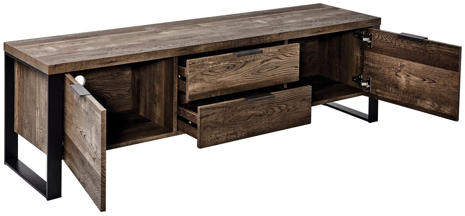 TV-Möbel aus dunklem Holz mit zwei offenen Schubladen und zwei offenen Türen, seitliche Perspektive