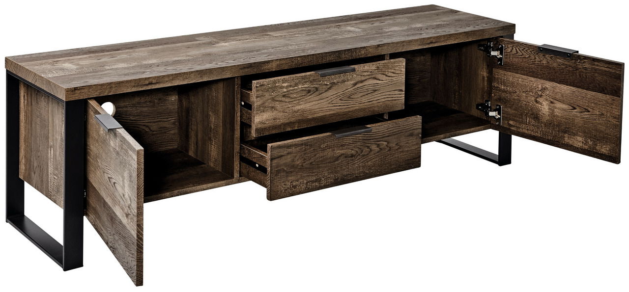 TV-Möbel aus dunklem Holz mit zwei offenen Schubladen und zwei offenen Türen, seitliche Perspektive