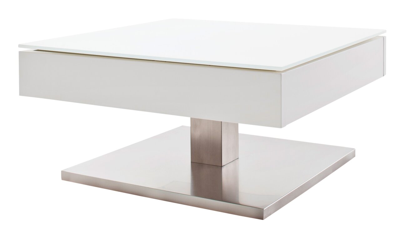 Zurbrüggen Couchtisch MARIKO Moderner weißer Couchtisch mit quadratischer Glasplatte und Metallfuß, seitliche Perspektive