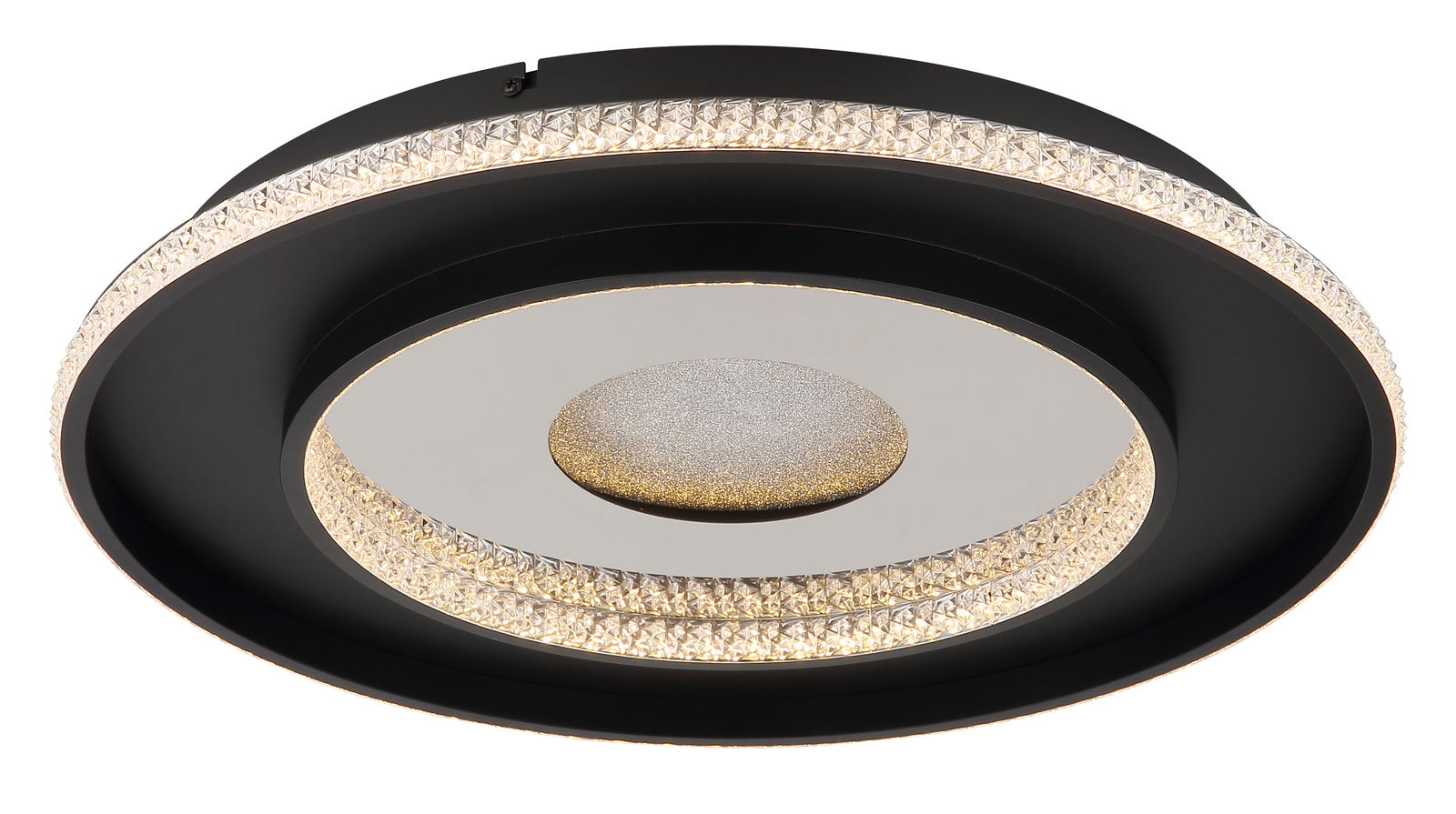 Moderne Deckenleuchte mit schwarzem Rahmen und funkelnden Kristallakzenten, seitliche Perspektive